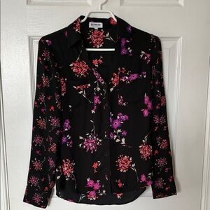 Express Women's Black Top with Pink and Purple Floral Design